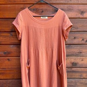 Mordenmiss Minimalist Linen Salmon Pink Lagenlook Midi Dress